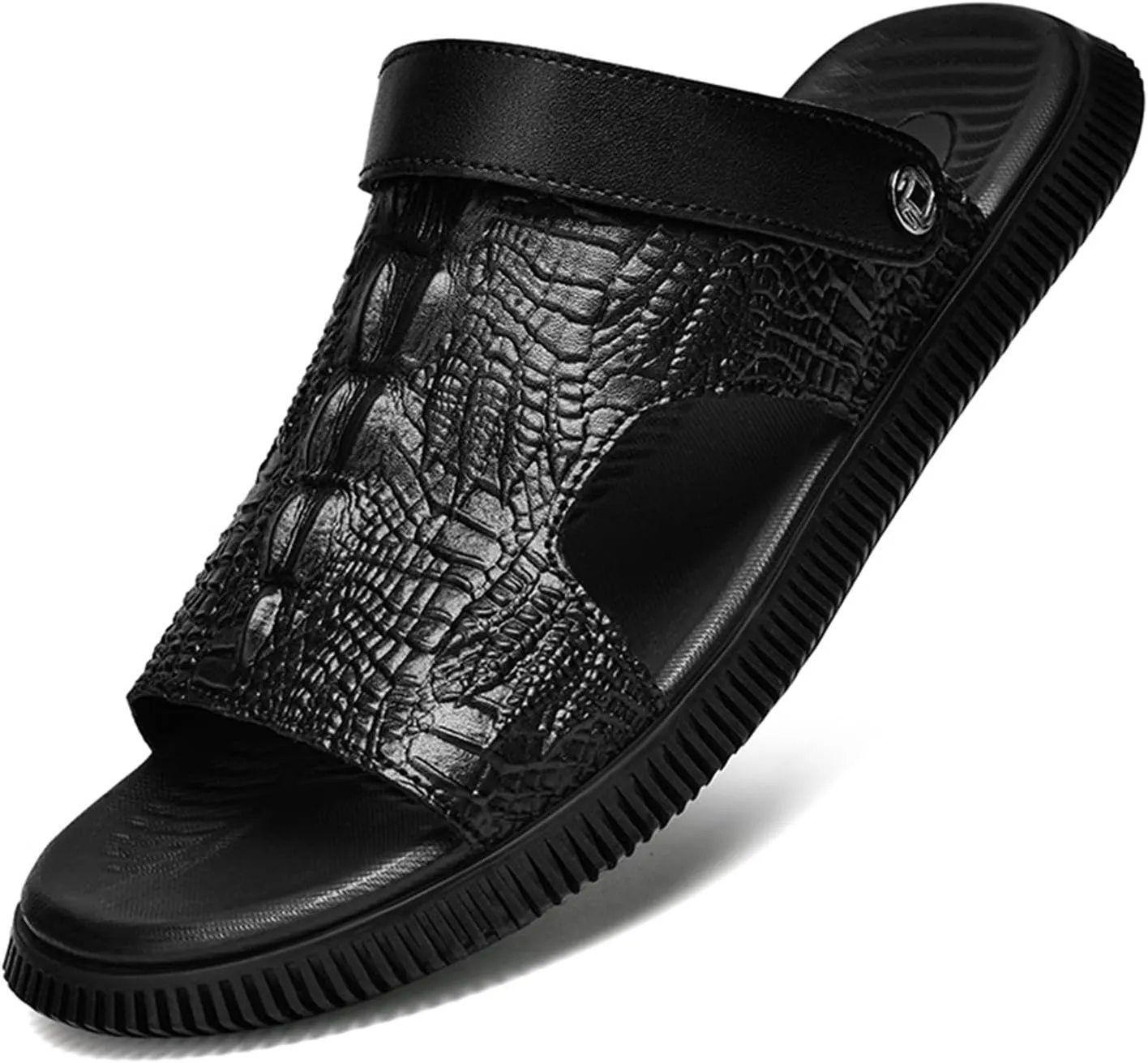 Men's Genuine Leather Fashion Sandals Classic Printing Open Toe Slingback Straps Slip-On Beach Flat Sandals Non-Slip Soft Comfortable Slide Sandals