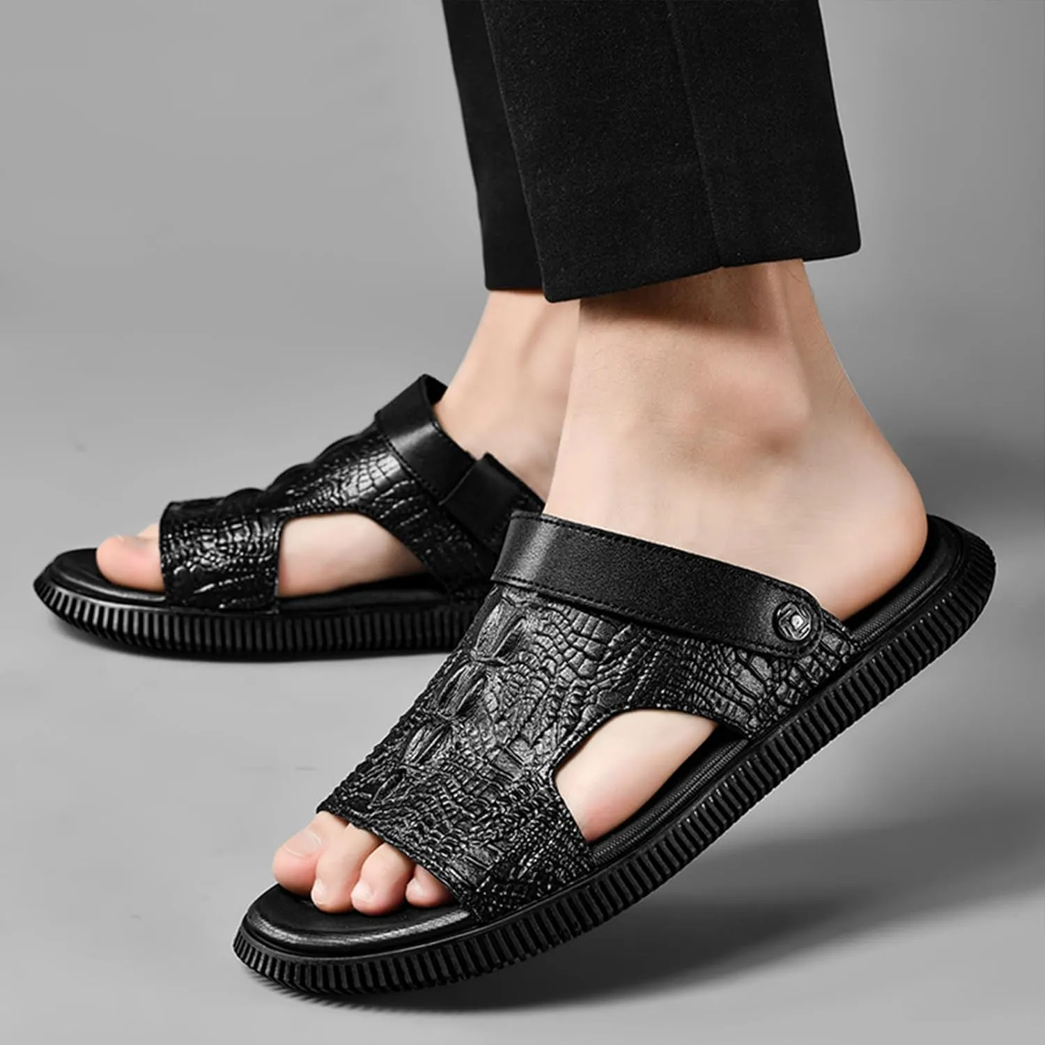 Men's Genuine Leather Fashion Sandals Classic Printing Open Toe Slingback Straps Slip-On Beach Flat Sandals Non-Slip Soft Comfortable Slide Sandals