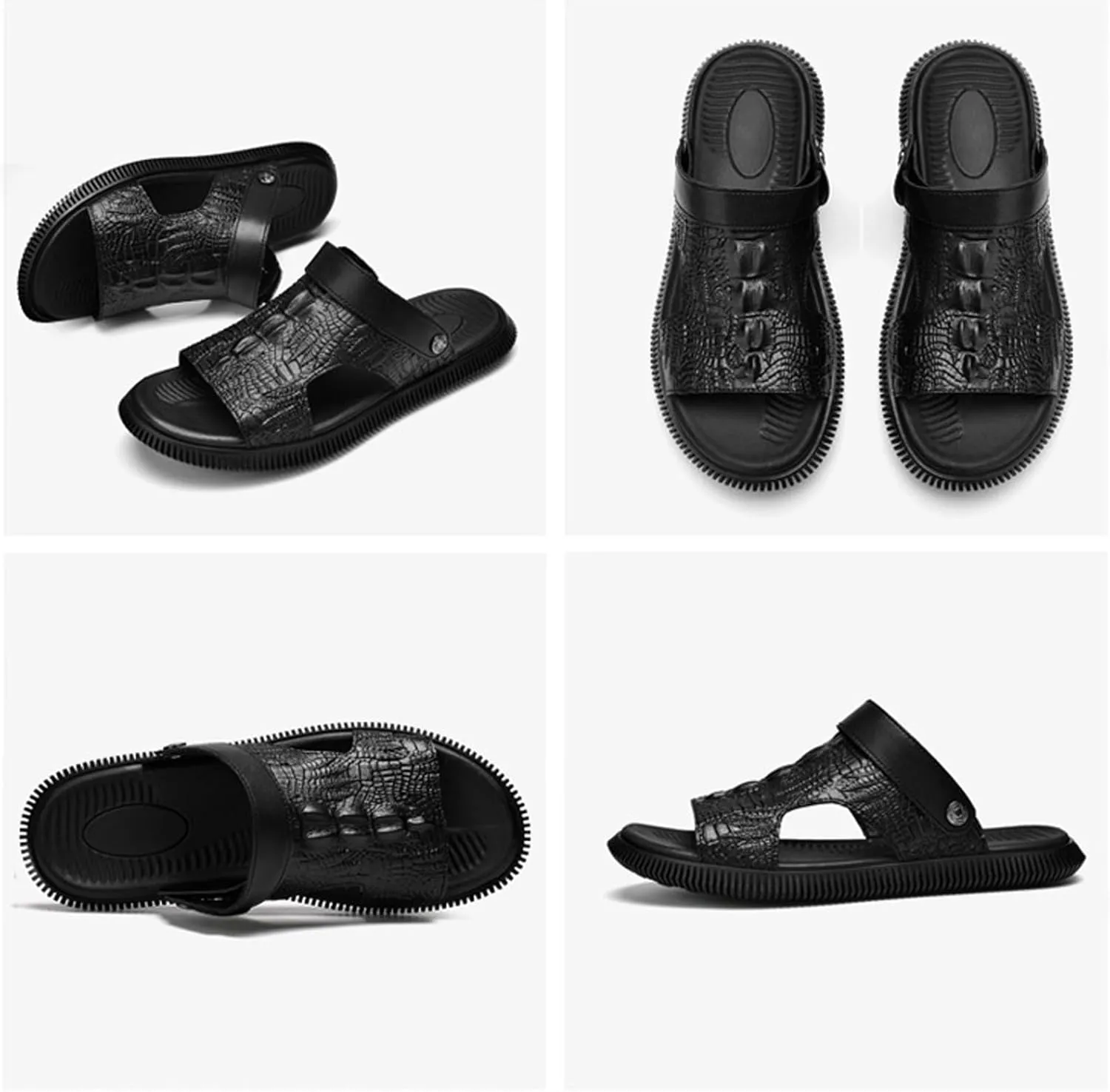 Men's Genuine Leather Fashion Sandals Classic Printing Open Toe Slingback Straps Slip-On Beach Flat Sandals Non-Slip Soft Comfortable Slide Sandals