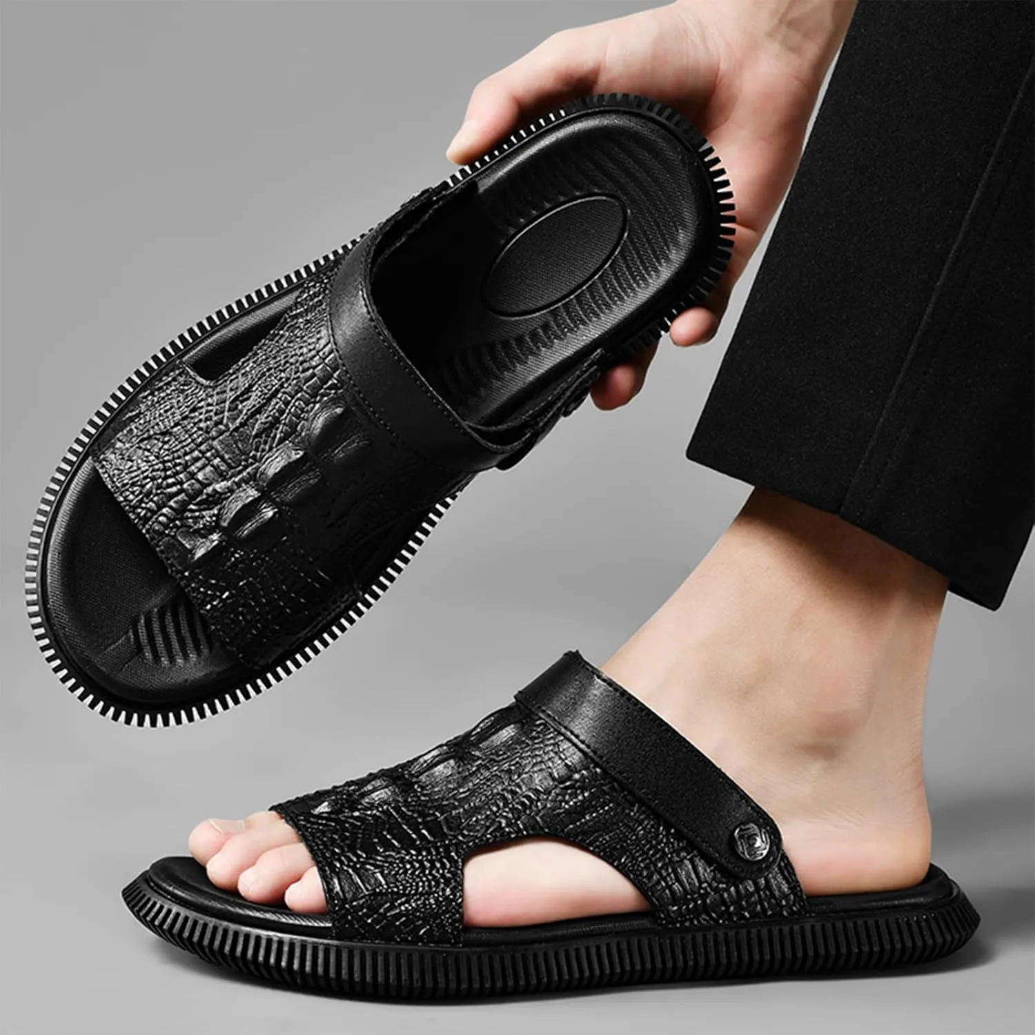 Men's Genuine Leather Fashion Sandals Classic Printing Open Toe Slingback Straps Slip-On Beach Flat Sandals Non-Slip Soft Comfortable Slide Sandals