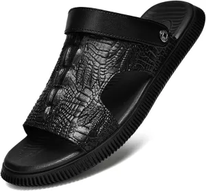 Men's Genuine Leather Fashion Sandals Classic Printing Open Toe Slingback Straps Slip-On Beach Flat Sandals Non-Slip Soft Comfortable Slide Sandals