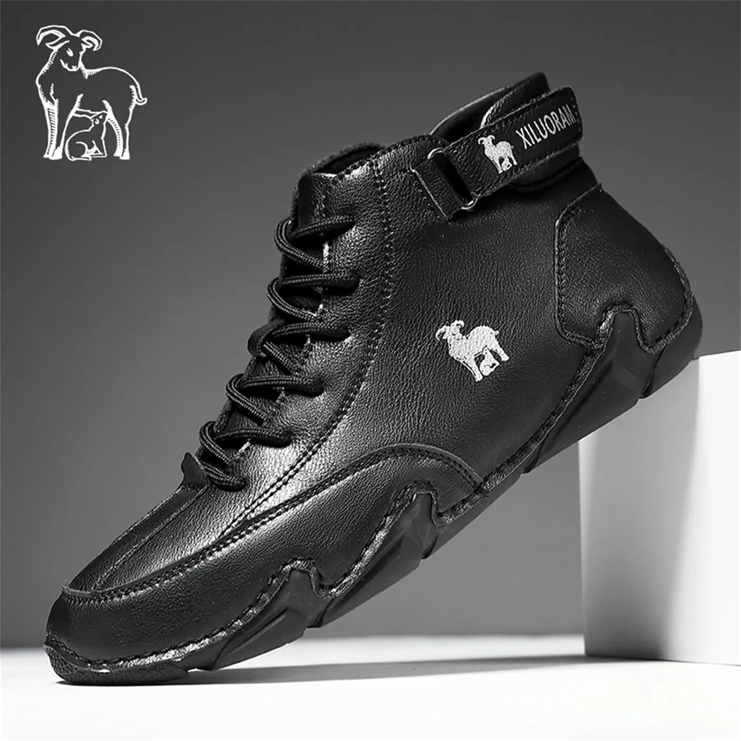Men‘s Handmade High Top Leather Ankle Chukka Boots with Adjustable Strap Casual Non Slip Round Toe Slip On Boat Walking Driving Shoes