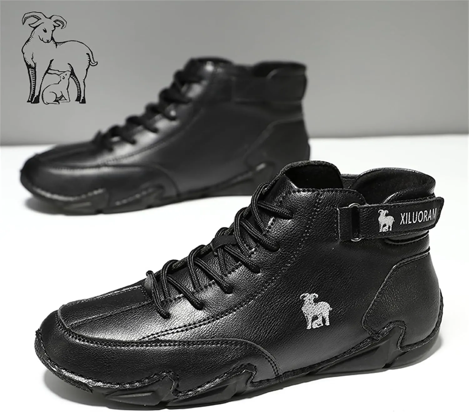Men‘s Handmade High Top Leather Ankle Chukka Boots with Adjustable Strap Casual Non Slip Round Toe Slip On Boat Walking Driving Shoes