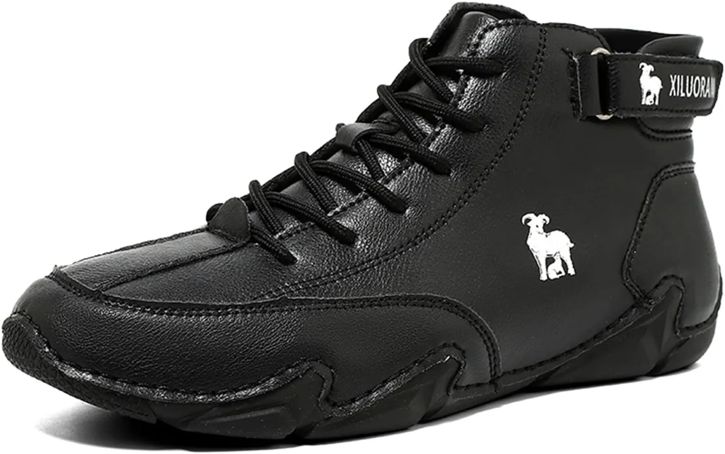 Men‘s Handmade High Top Leather Ankle Chukka Boots with Adjustable Strap Casual Non Slip Round Toe Slip On Boat Walking Driving Shoes