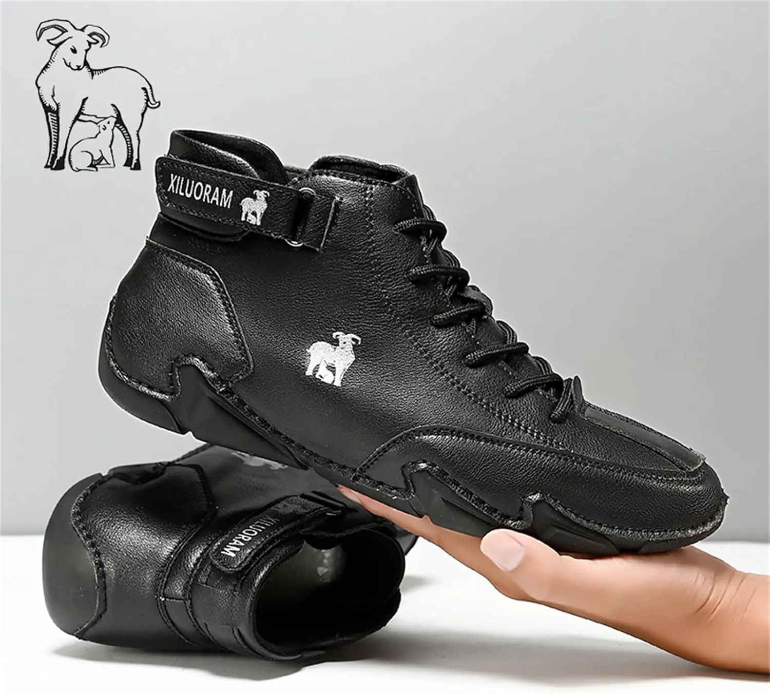 Men‘s Handmade High Top Leather Ankle Chukka Boots with Adjustable Strap Casual Non Slip Round Toe Slip On Boat Walking Driving Shoes