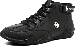 Men‘s Handmade High Top Leather Ankle Chukka Boots with Adjustable Strap Casual Non Slip Round Toe Slip On Boat Walking Driving Shoes