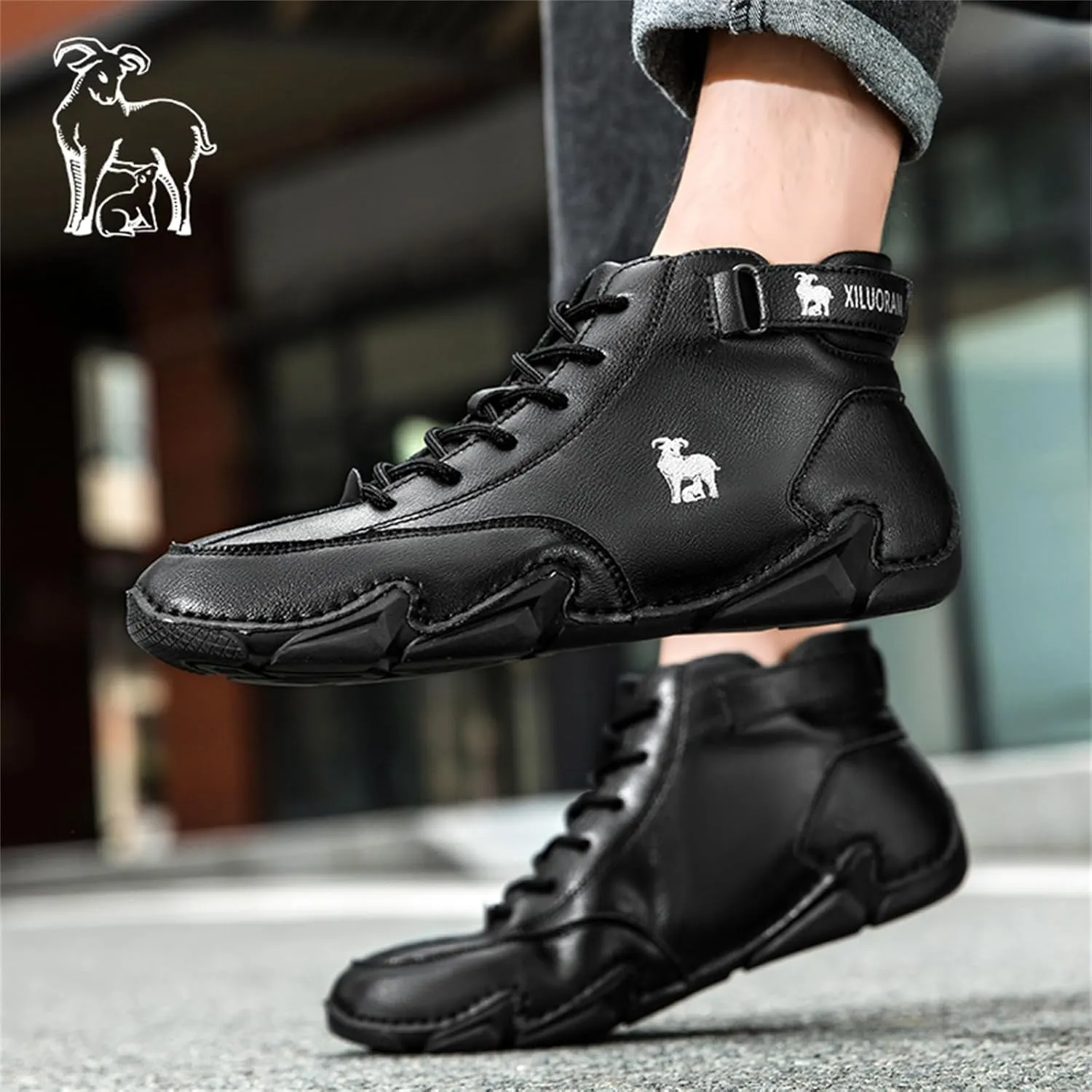 Men‘s Handmade High Top Leather Ankle Chukka Boots with Adjustable Strap Casual Non Slip Round Toe Slip On Boat Walking Driving Shoes