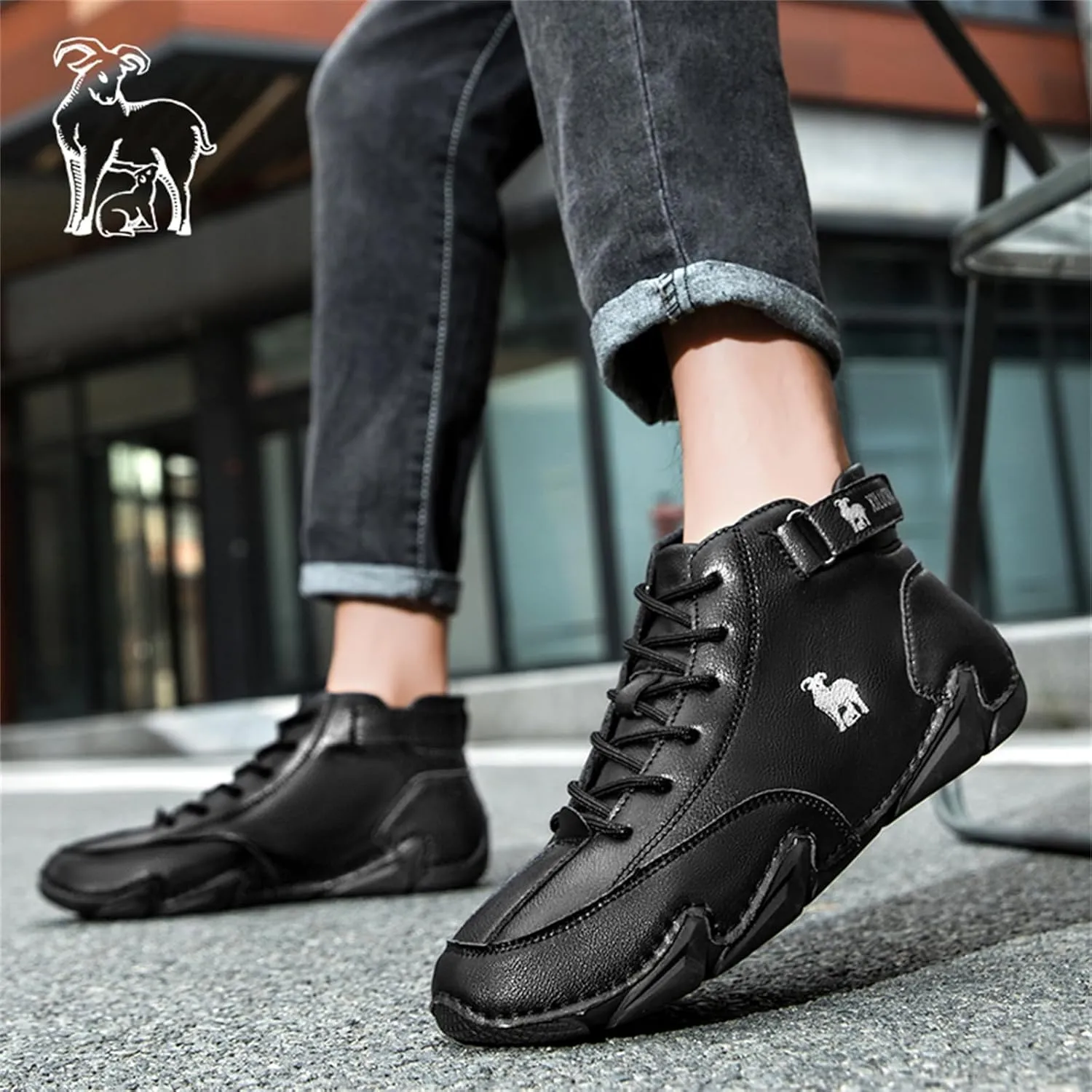 Men‘s Handmade High Top Leather Ankle Chukka Boots with Adjustable Strap Casual Non Slip Round Toe Slip On Boat Walking Driving Shoes
