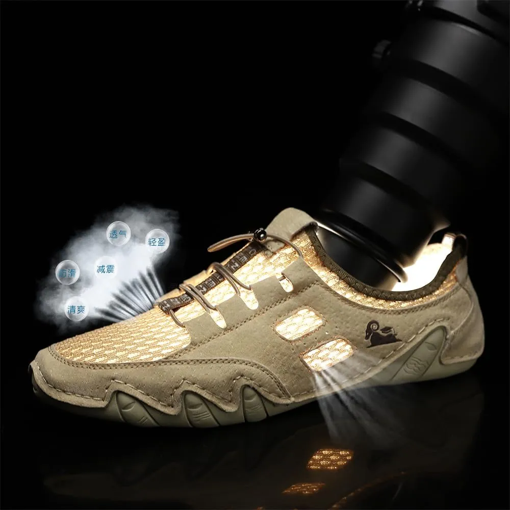 Men's Handmade Leather Mesh Trail Shoes for Walking Hiking Slip-on Summer Sports Shoes Breathable Non-Slip Sneakers
