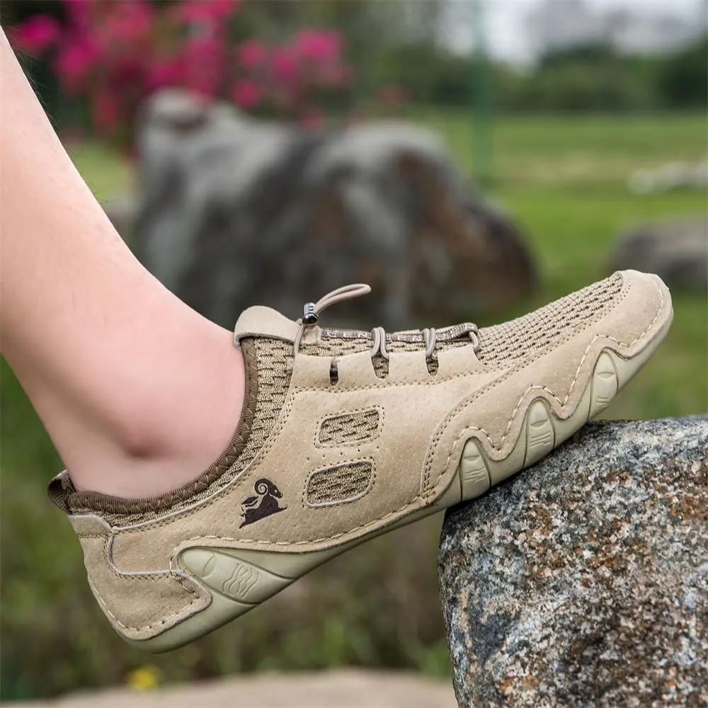 Men's Handmade Leather Mesh Trail Shoes for Walking Hiking Slip-on Summer Sports Shoes Breathable Non-Slip Sneakers