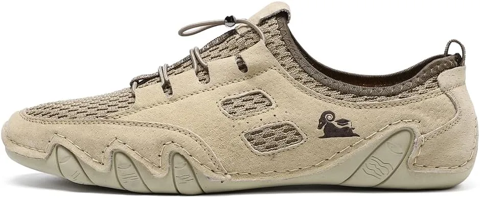 Men's Handmade Leather Mesh Trail Shoes for Walking Hiking Slip-on Summer Sports Shoes Breathable Non-Slip Sneakers
