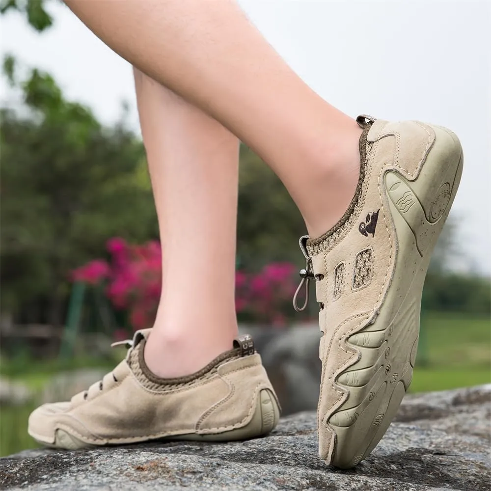 Men's Handmade Leather Mesh Trail Shoes for Walking Hiking Slip-on Summer Sports Shoes Breathable Non-Slip Sneakers