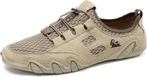 Men's Handmade Leather Mesh Trail Shoes for Walking Hiking Slip-on Summer Sports Shoes Breathable Non-Slip Sneakers