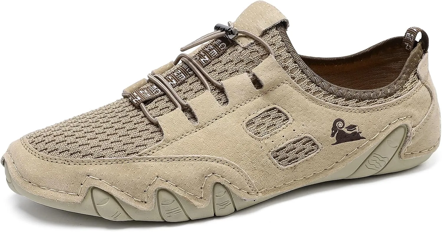Men's Handmade Leather Mesh Trail Shoes for Walking Hiking Slip-on Summer Sports Shoes Breathable Non-Slip Sneakers