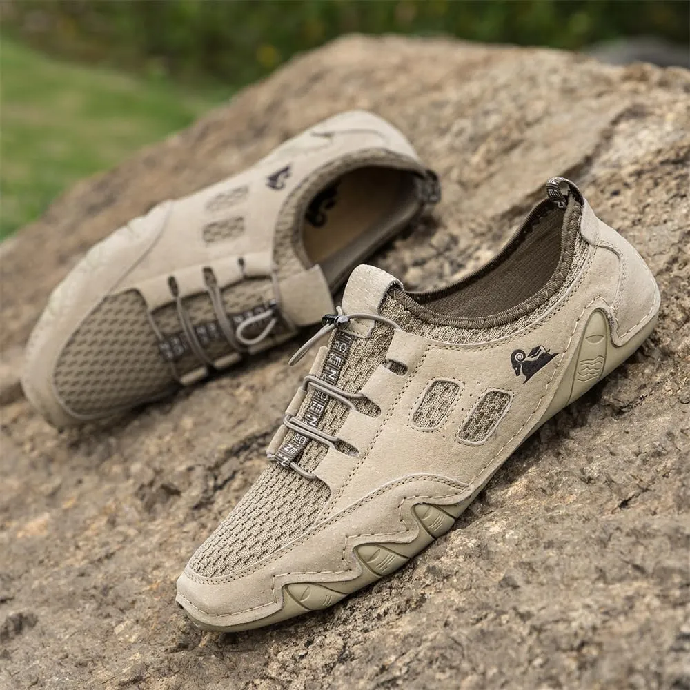 Men's Handmade Leather Mesh Trail Shoes for Walking Hiking Slip-on Summer Sports Shoes Breathable Non-Slip Sneakers