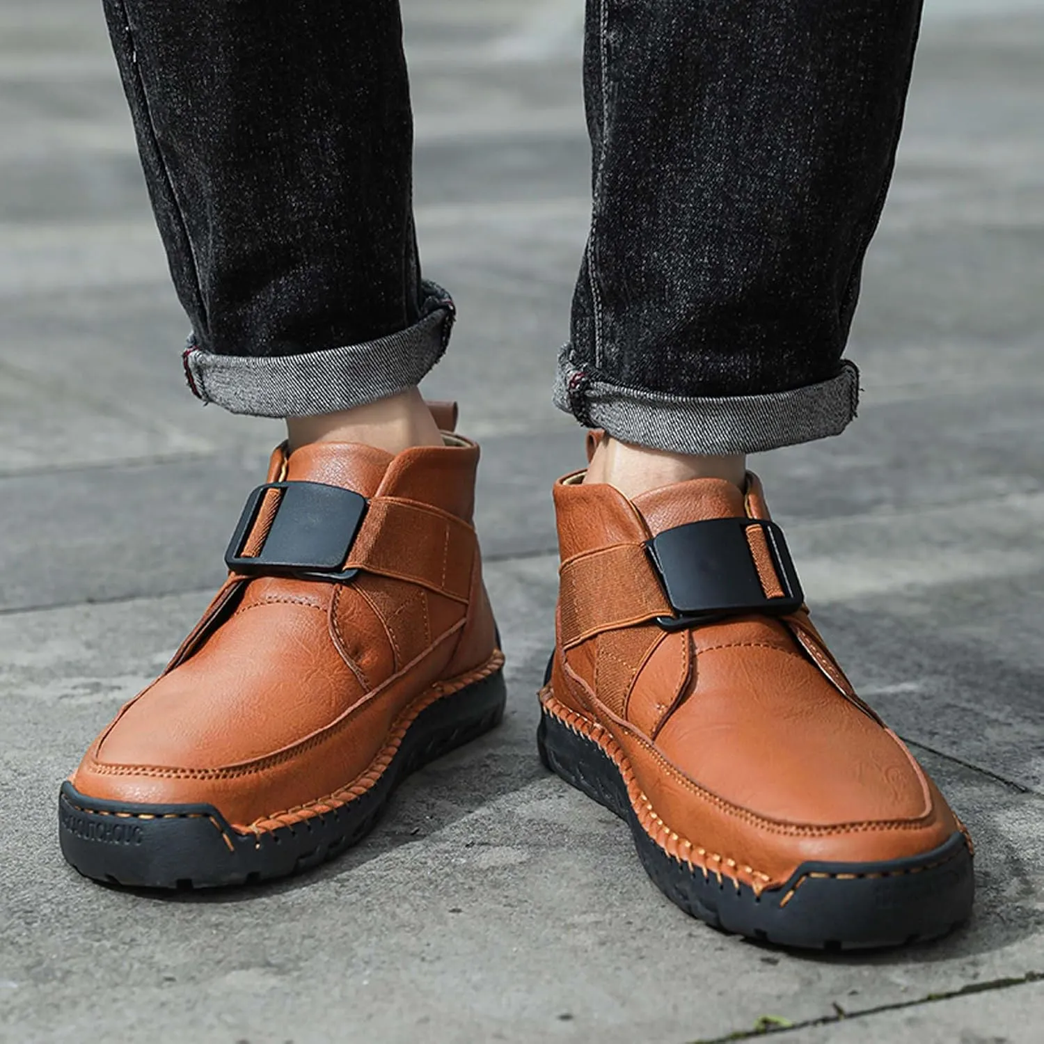 Men's Premium Leather Walking Shoes, Mid Top Fashion Casual Sneakers, Business Casual Leather Shoes, Driving Shoes, Durable, Hand Sewn, Easy to Put on