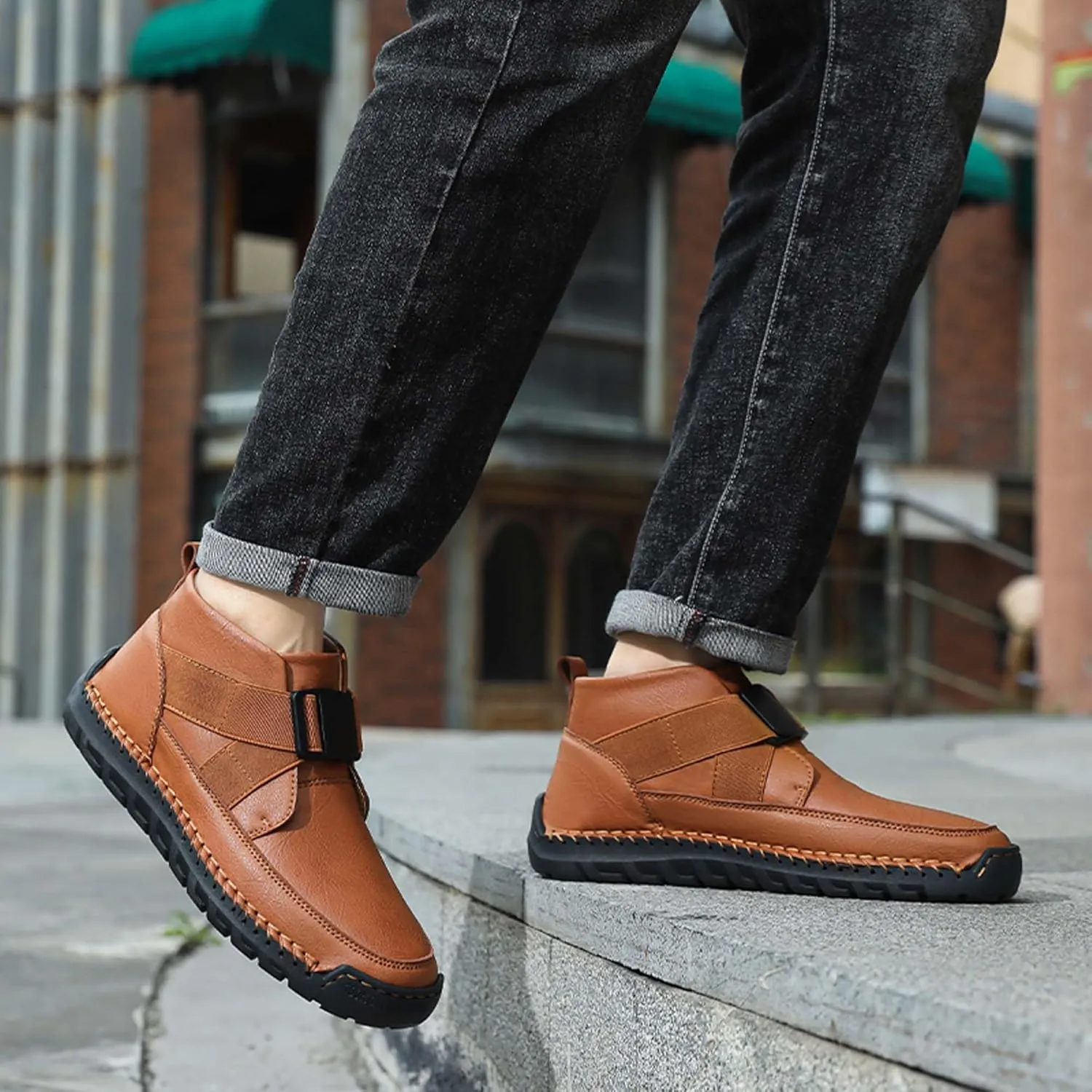 Men's Premium Leather Walking Shoes, Mid Top Fashion Casual Sneakers, Business Casual Leather Shoes, Driving Shoes, Durable, Hand Sewn, Easy to Put on