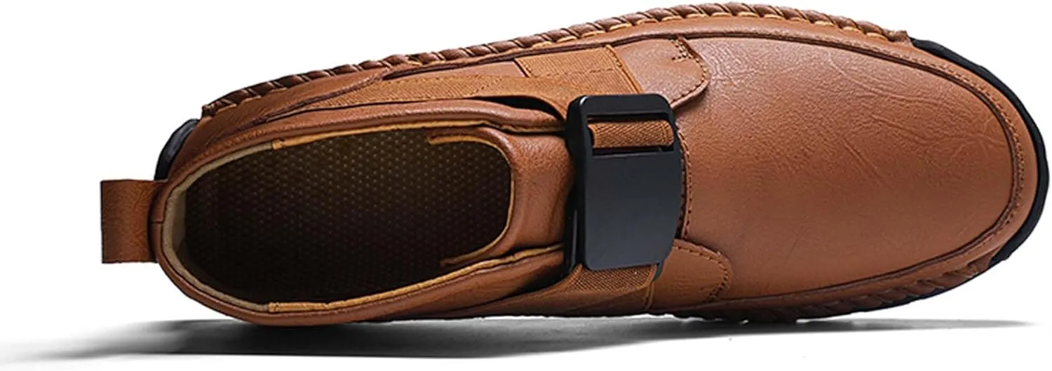 Men's Premium Leather Walking Shoes, Mid Top Fashion Casual Sneakers, Business Casual Leather Shoes, Driving Shoes, Durable, Hand Sewn, Easy to Put on