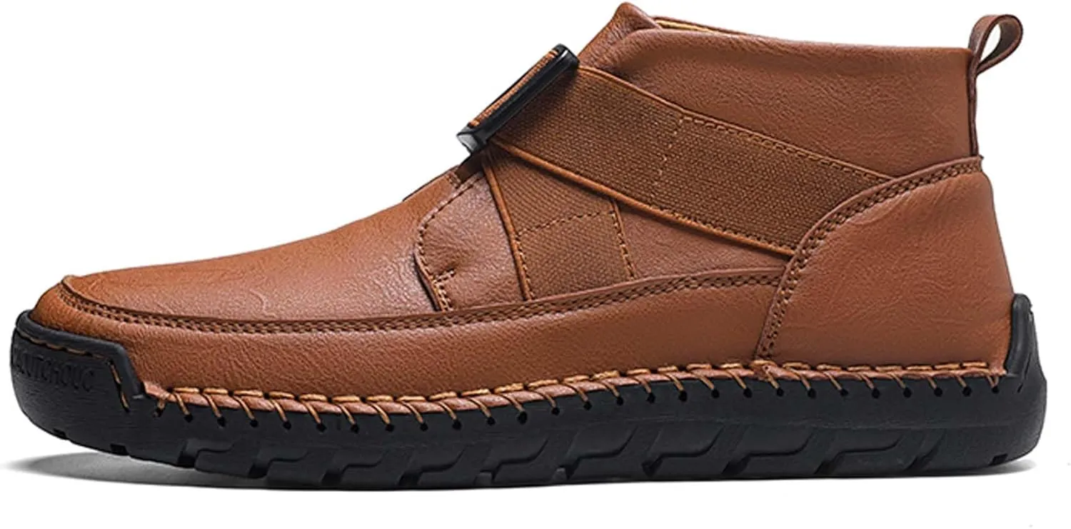 Men's Premium Leather Walking Shoes, Mid Top Fashion Casual Sneakers, Business Casual Leather Shoes, Driving Shoes, Durable, Hand Sewn, Easy to Put on