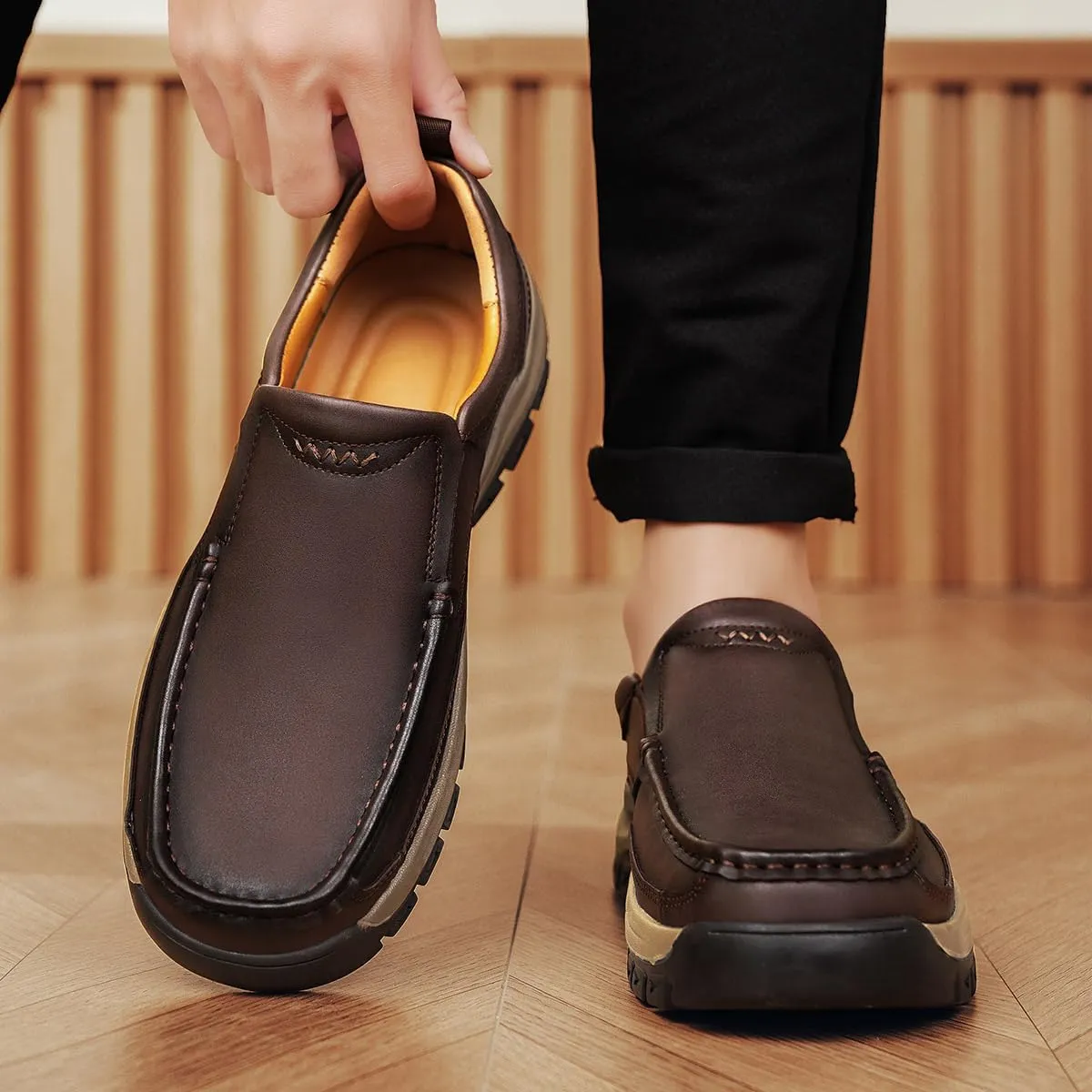 Men's Slip-On Loafers Casual Walking Shoes Comfort Leather Moccasin Style with Rugged Sole Work Office Dress Outdoor