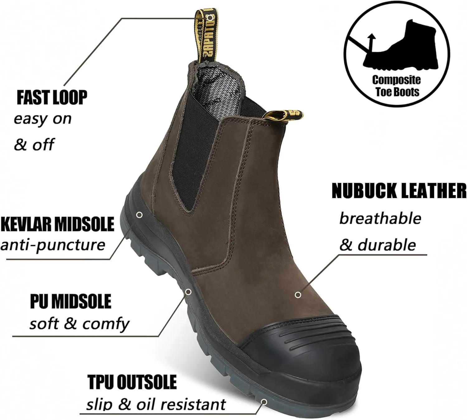 Men's Slip on Soft/Composite Toe Slip Resistant Waterproof Puncture-proof Work Boots