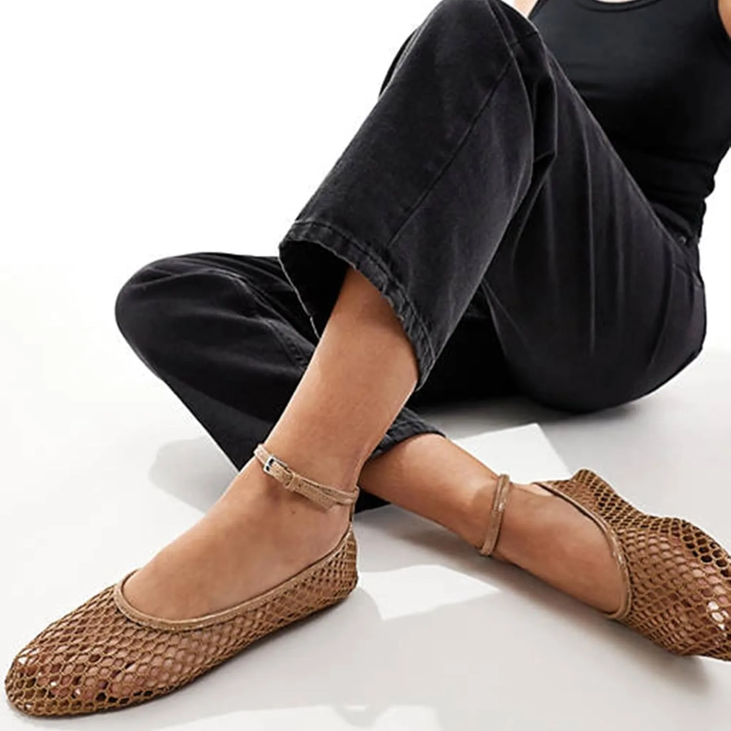 Mesh Ankle Strap Flats for Women Round Toe Ballet Flats Shoes,Casual Mary Jane Flats Comfortable Daily Dress Shoes