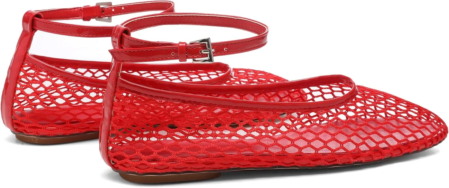 Mesh Ankle Strap Flats for Women Round Toe Ballet Flats Shoes,Casual Mary Jane Flats Comfortable Daily Dress Shoes