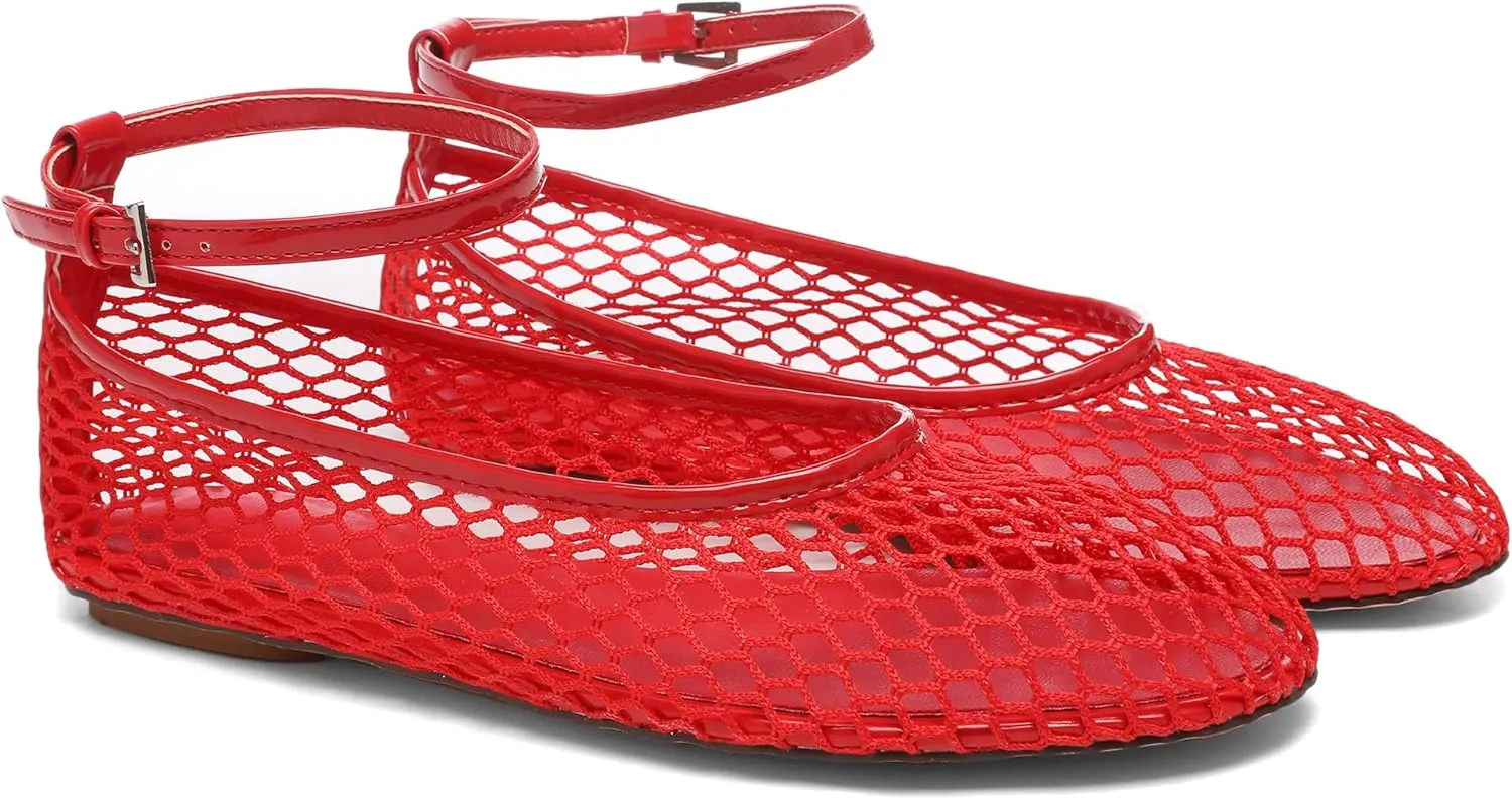Mesh Ankle Strap Flats for Women Round Toe Ballet Flats Shoes,Casual Mary Jane Flats Comfortable Daily Dress Shoes