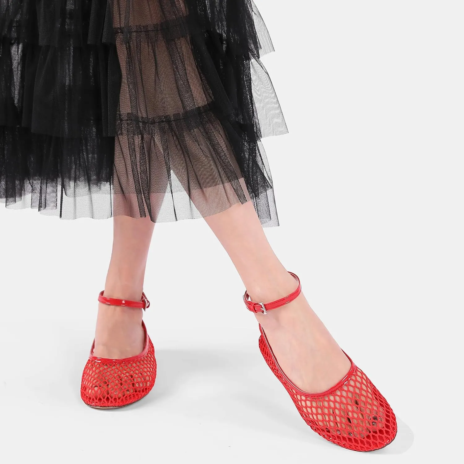 Mesh Ankle Strap Flats for Women Round Toe Ballet Flats Shoes,Casual Mary Jane Flats Comfortable Daily Dress Shoes