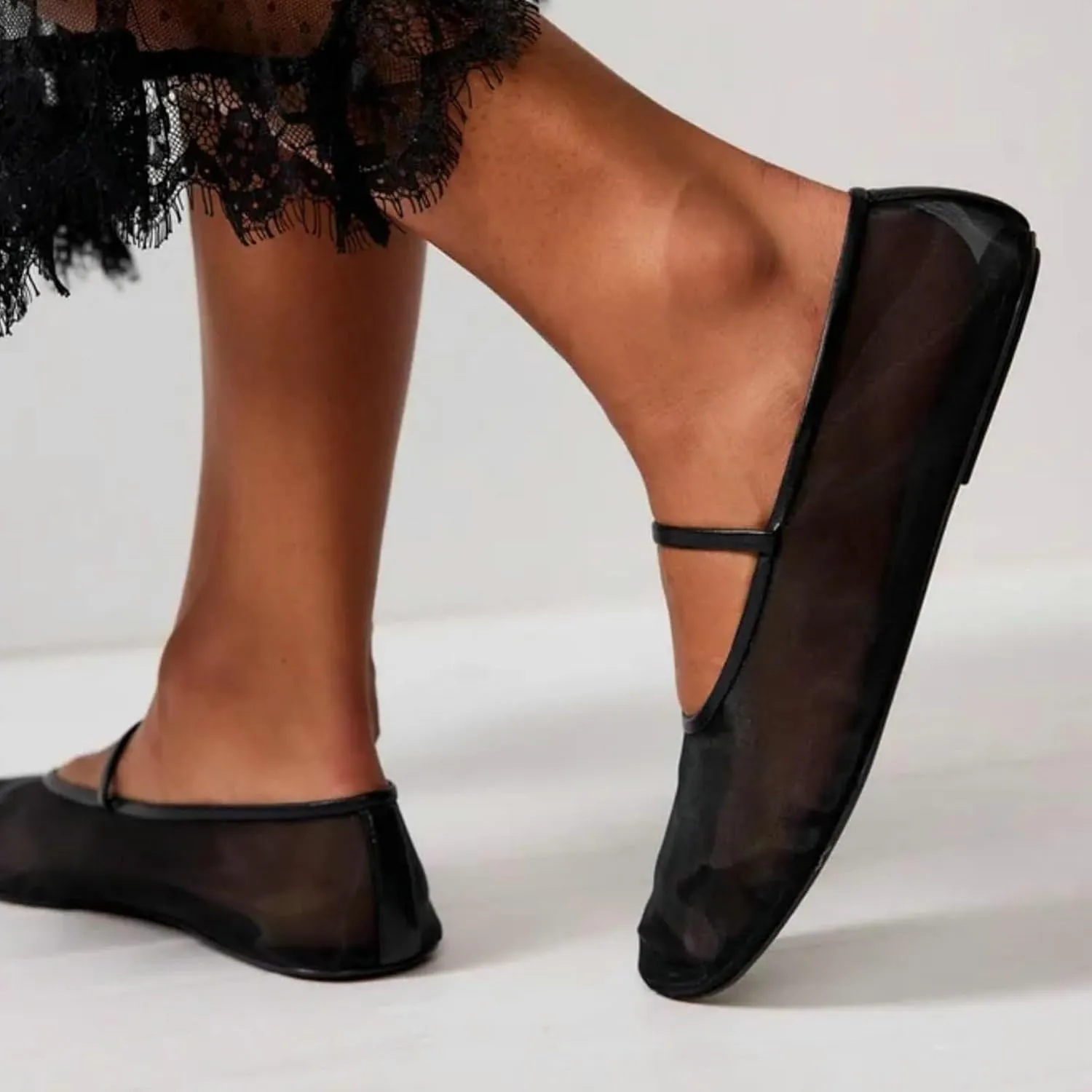 Mesh Ballet Flats for Women Ballerina Mary Janes Flats Embroidered Floral Nude Round Toe Pumps Comfortable Casual Shoes