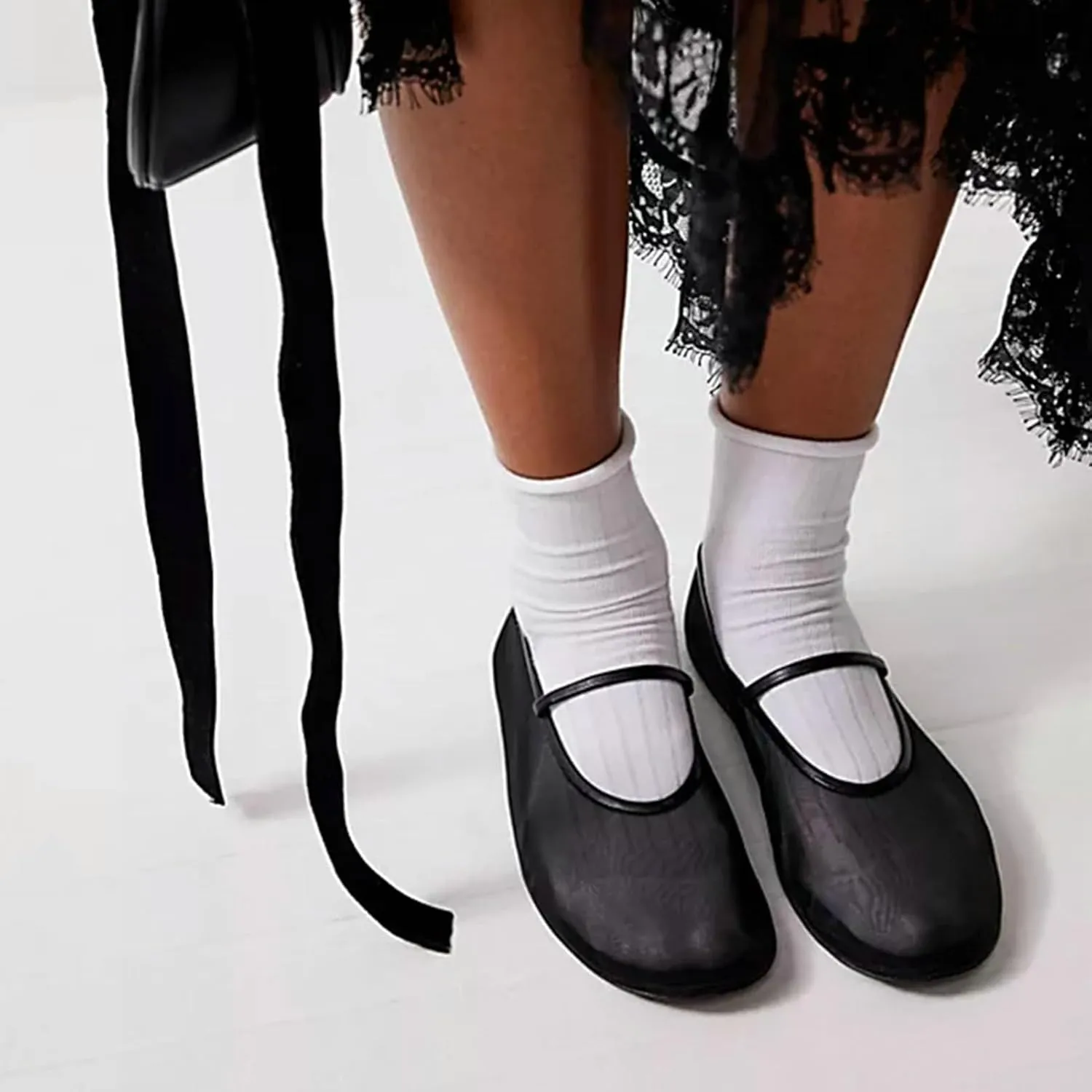Mesh Ballet Flats for Women Ballerina Mary Janes Flats Embroidered Floral Nude Round Toe Pumps Comfortable Casual Shoes