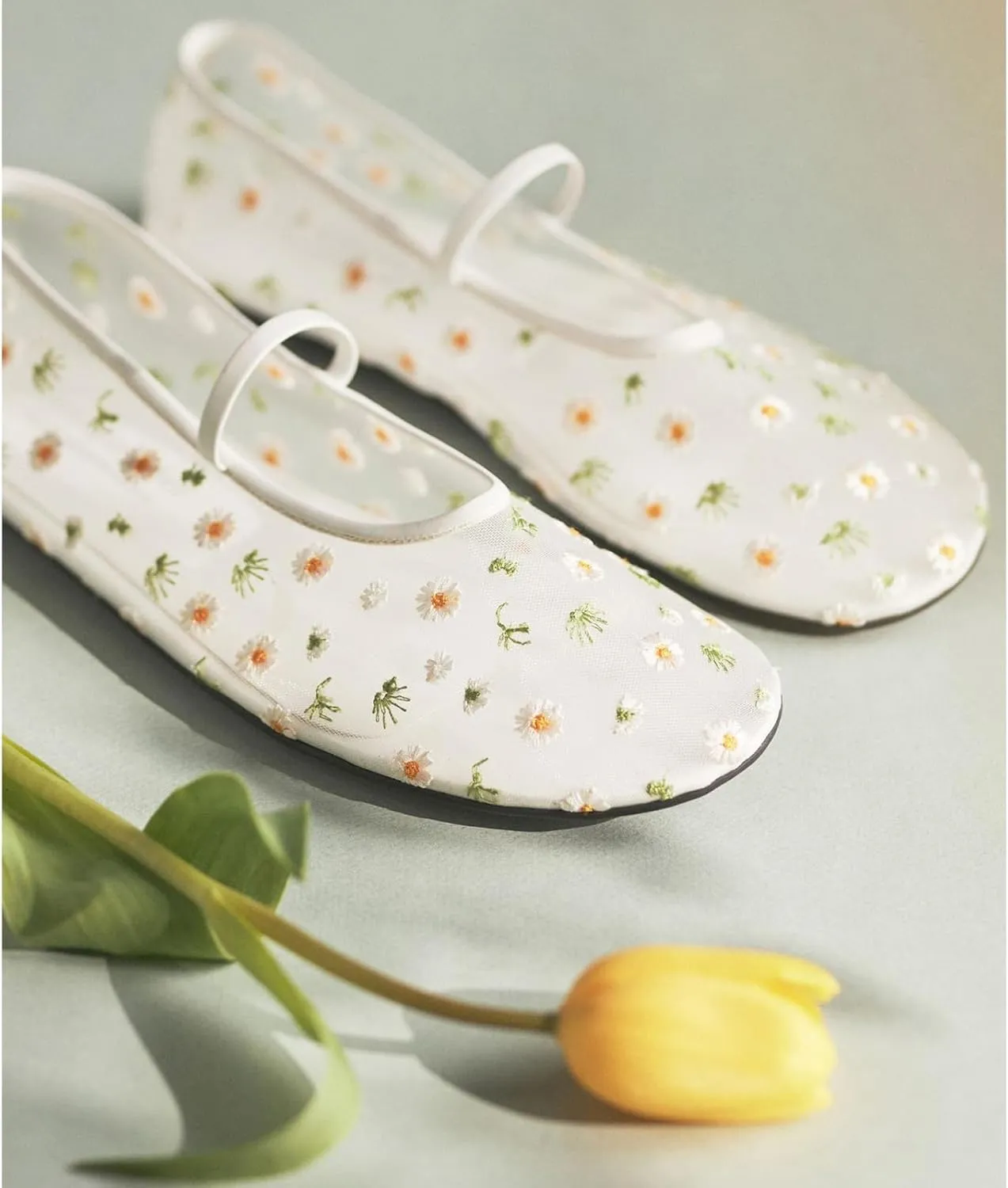 Mesh Ballet Flats for Women Embroidered Floral Mary Jane Flats Comfortable Casual Daily Dress Ballerina Shoes
