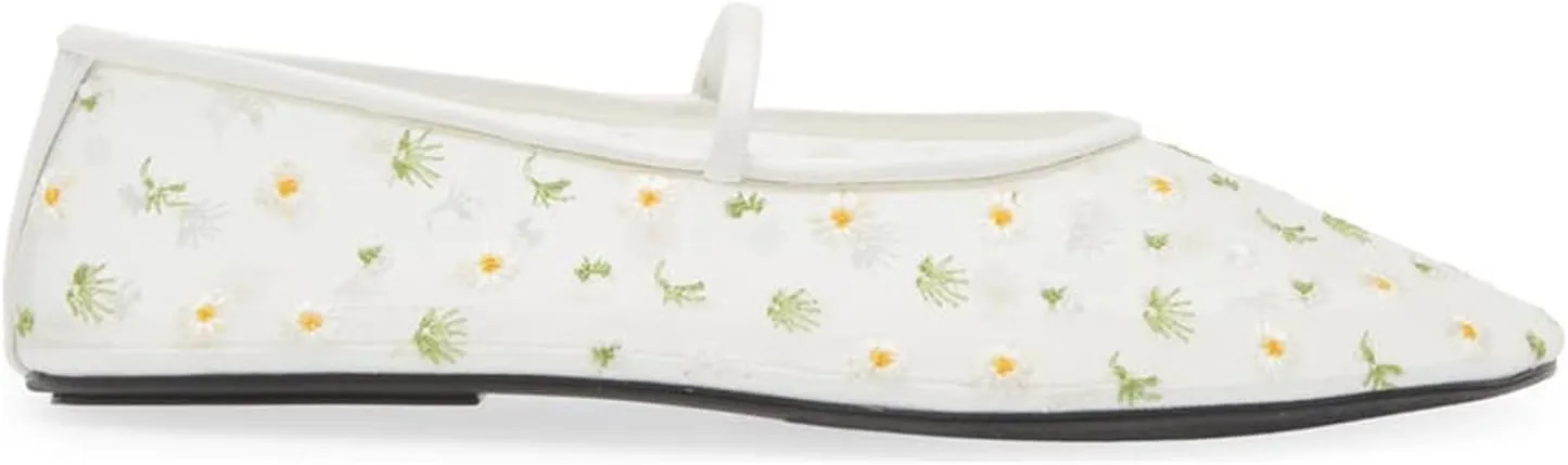 Mesh Ballet Flats for Women Embroidered Floral Mary Jane Flats Comfortable Casual Daily Dress Ballerina Shoes