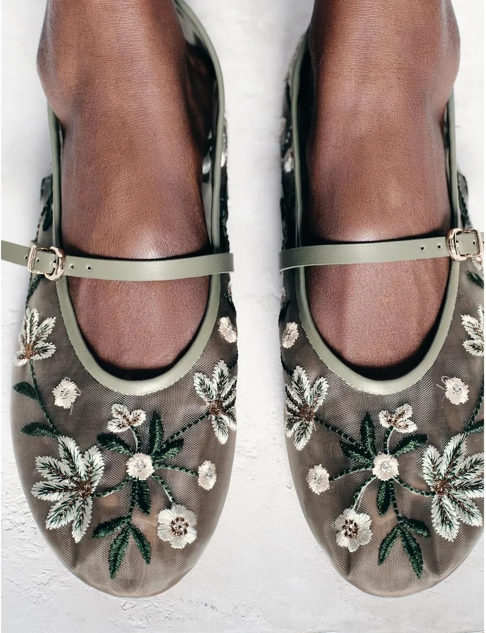 Mesh Ballet Flats for Women Embroidered Floral Round Toe Mary Jane