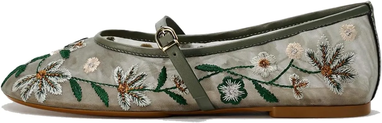 Mesh Ballet Flats for Women Embroidered Floral Round Toe Mary Jane
