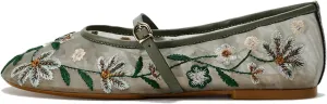 Mesh Ballet Flats for Women Embroidered Floral Round Toe Mary Jane