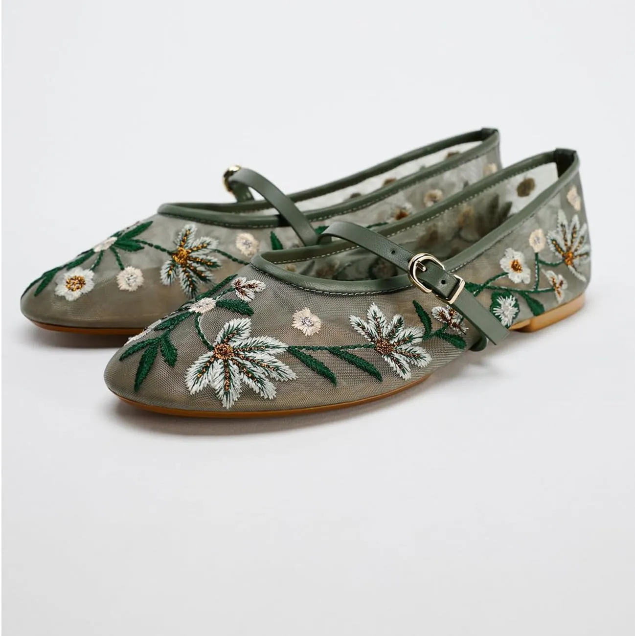 Mesh Ballet Flats for Women Embroidered Floral Round Toe Mary Jane