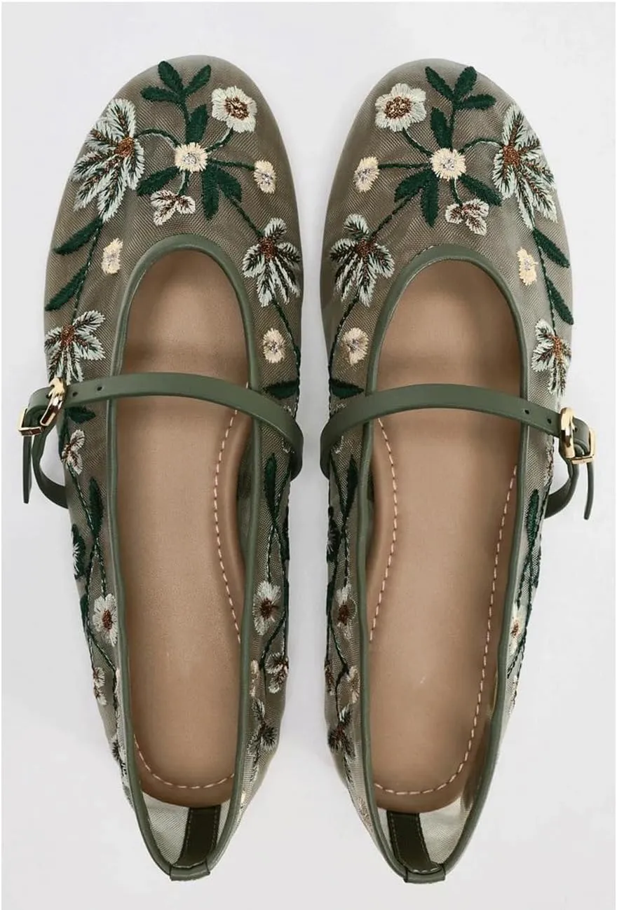Mesh Ballet Flats for Women Embroidered Floral Round Toe Mary Jane