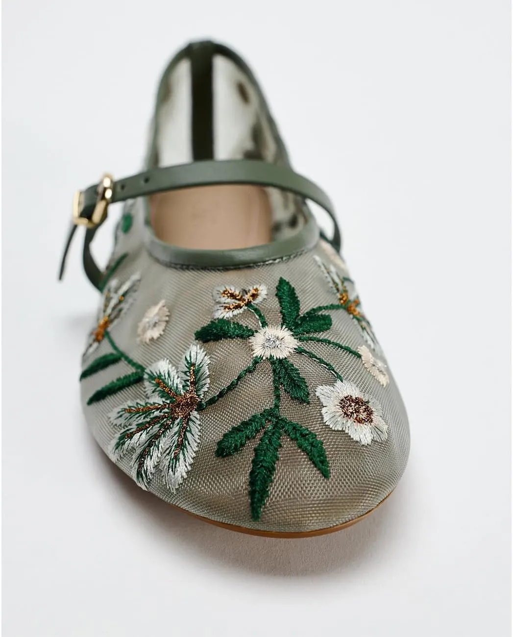 Mesh Ballet Flats for Women Embroidered Floral Round Toe Mary Jane