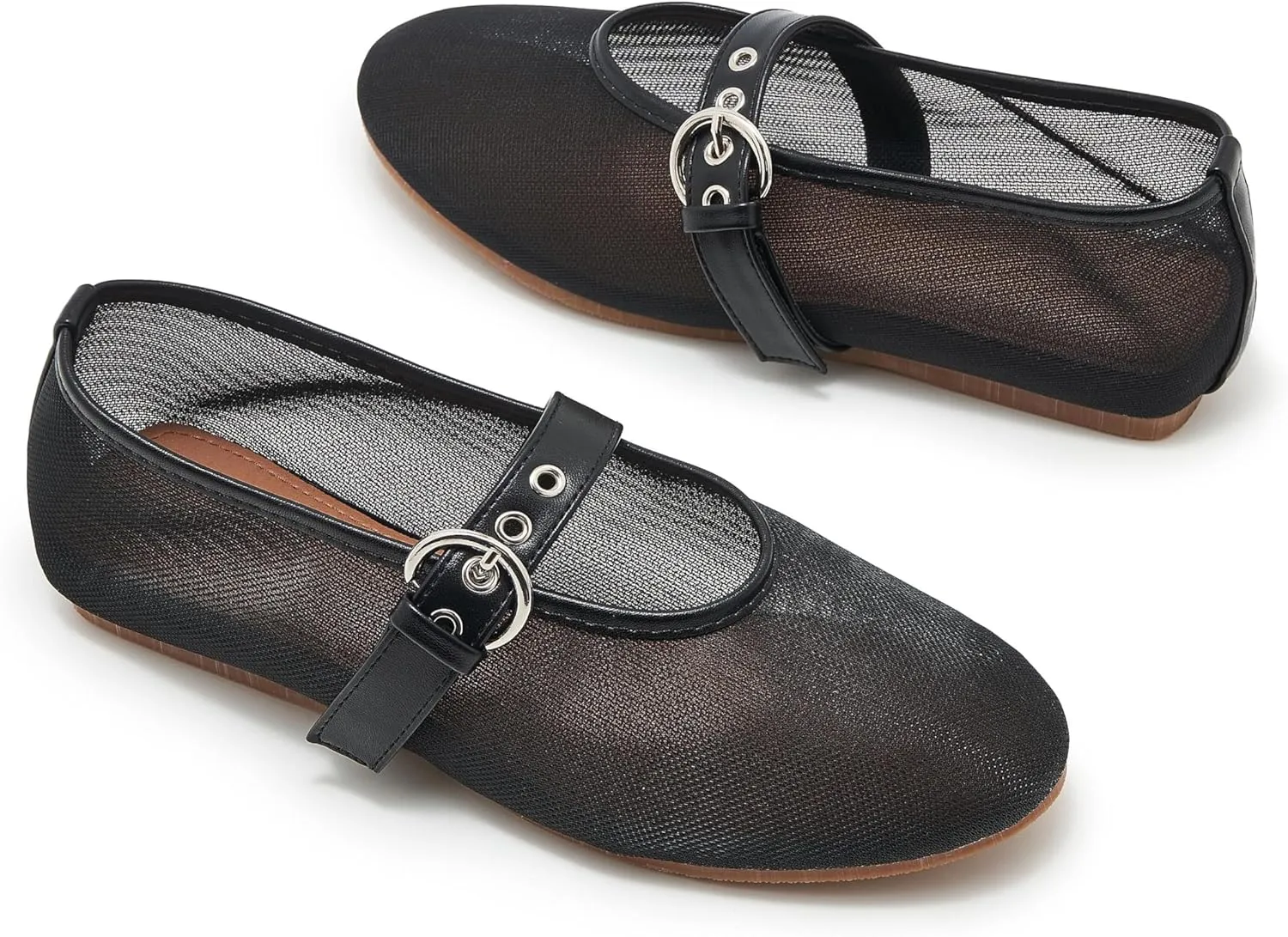 Mesh Ballet Flats for Women Round Toe Buckle Strap Mary Jane Flat Comfortable Casual Ballerina Shoes