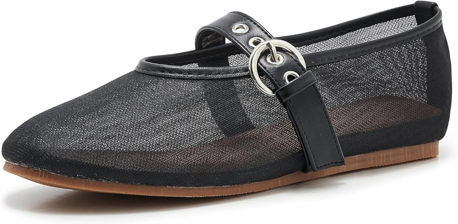 Mesh Ballet Flats for Women Round Toe Buckle Strap Mary Jane Flat Comfortable Casual Ballerina Shoes