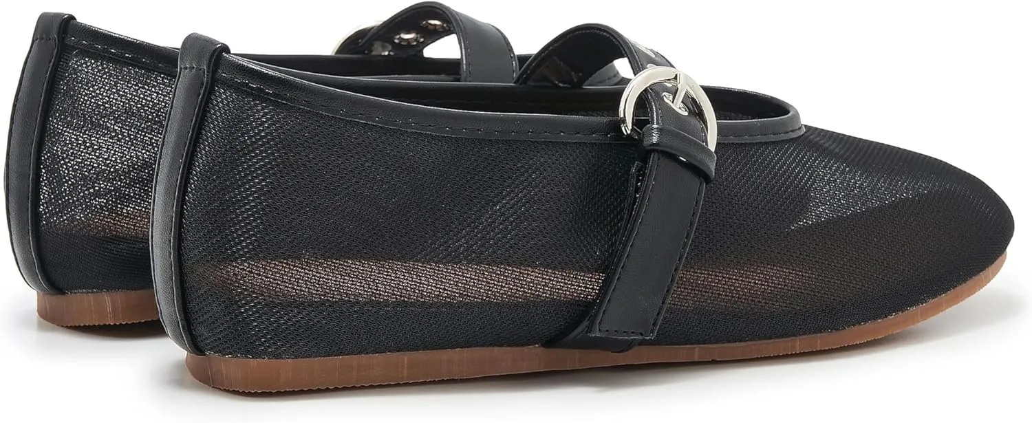 Mesh Ballet Flats for Women Round Toe Buckle Strap Mary Jane Flat Comfortable Casual Ballerina Shoes