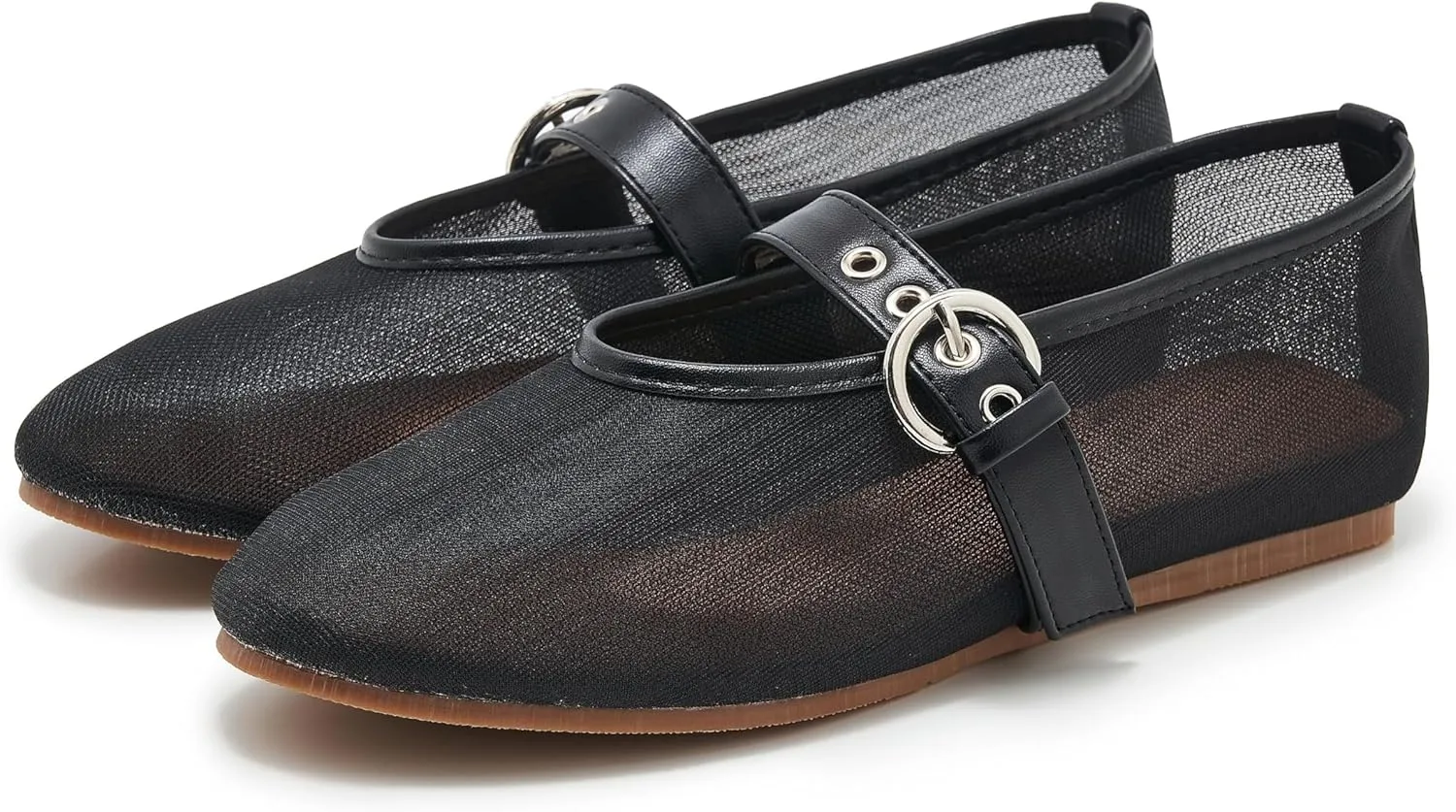 Mesh Ballet Flats for Women Round Toe Buckle Strap Mary Jane Flat Comfortable Casual Ballerina Shoes