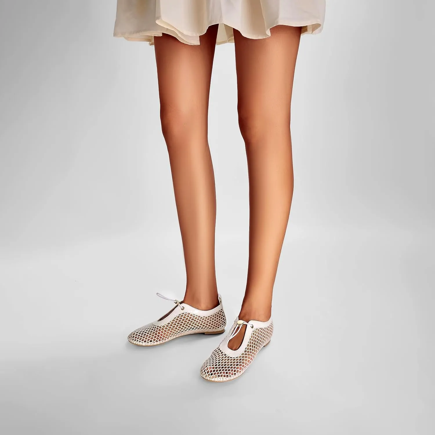 Mesh Ballet Flats for Women Round Toe Fishnet Mary Jane Flats Buckle Strap Casual Comfortable Office Ballerina Shoes