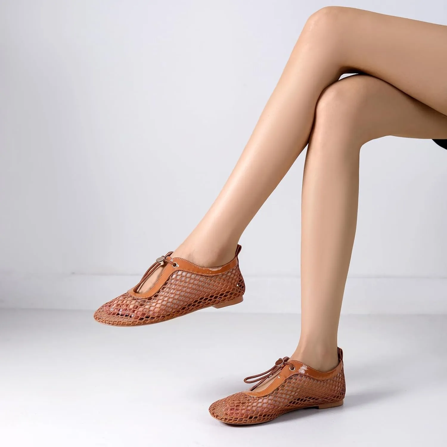 Mesh Ballet Flats for Women Round Toe Fishnet Mary Jane Flats Buckle Strap Casual Comfortable Office Ballerina Shoes