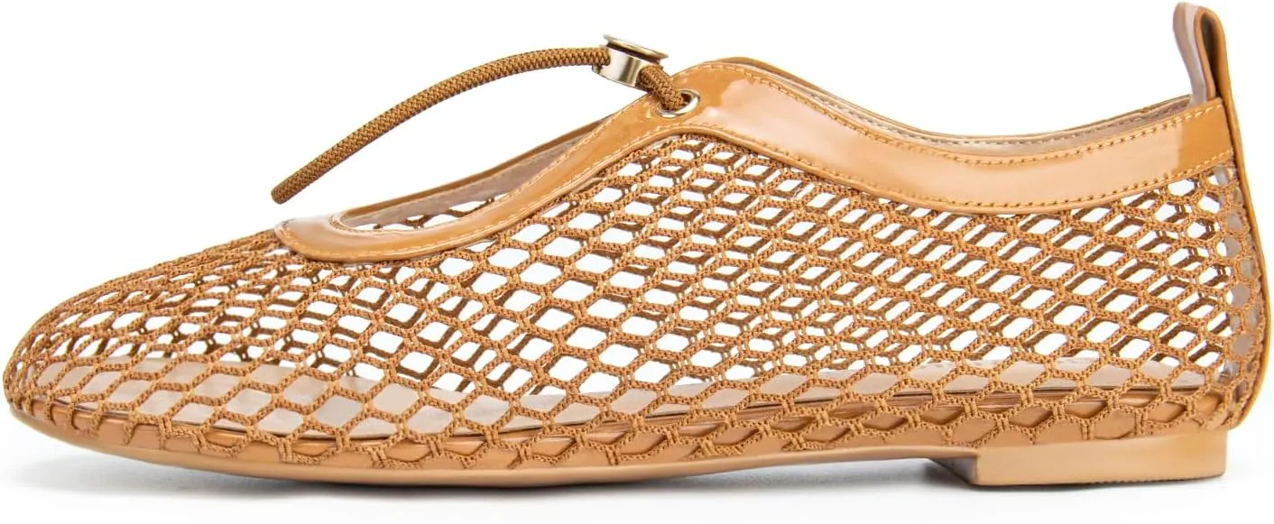 Mesh Ballet Flats for Women Round Toe Fishnet Mary Jane Flats Buckle Strap Casual Comfortable Office Ballerina Shoes