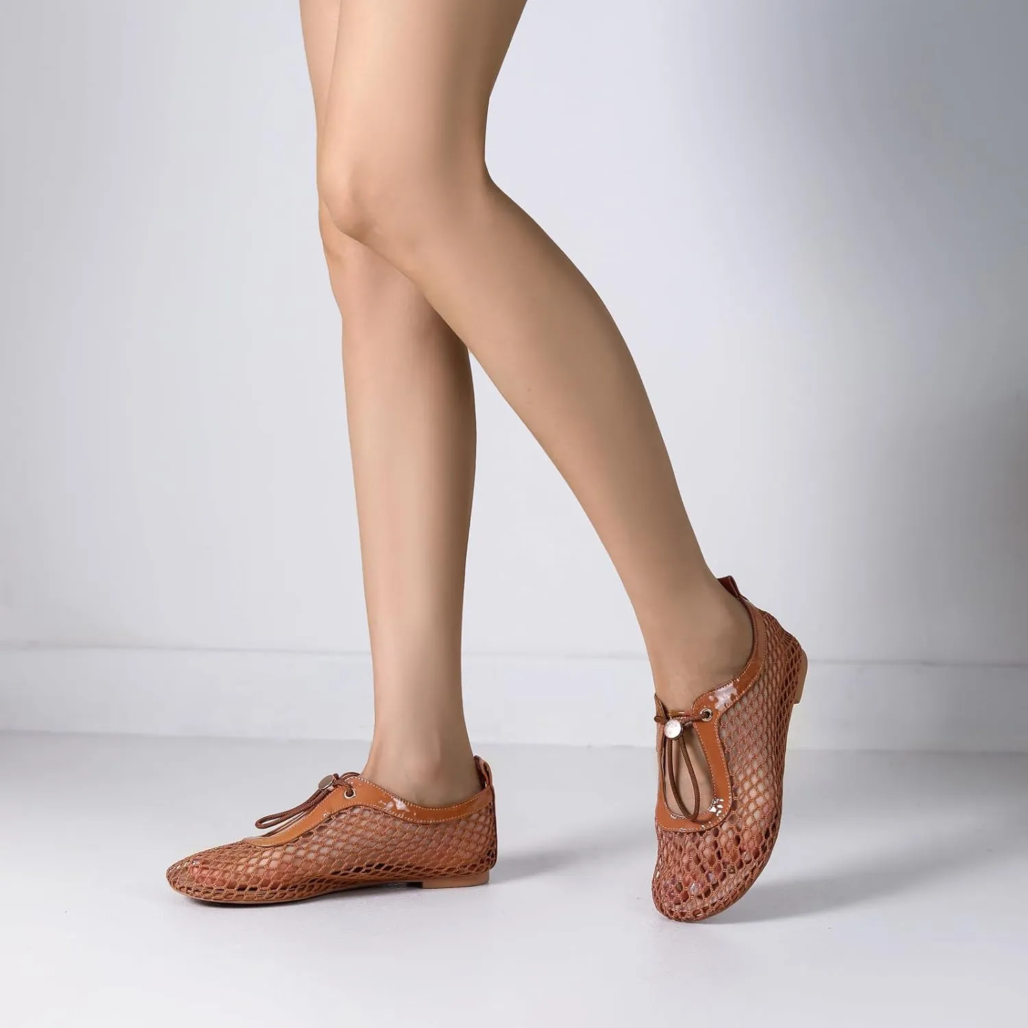 Mesh Ballet Flats for Women Round Toe Fishnet Mary Jane Flats Buckle Strap Casual Comfortable Office Ballerina Shoes