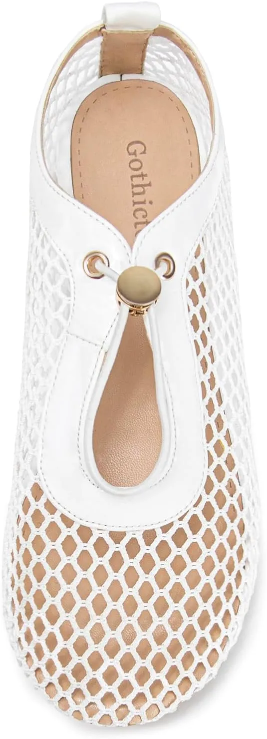 Mesh Ballet Flats for Women Round Toe Fishnet Mary Jane Flats Buckle Strap Casual Comfortable Office Ballerina Shoes