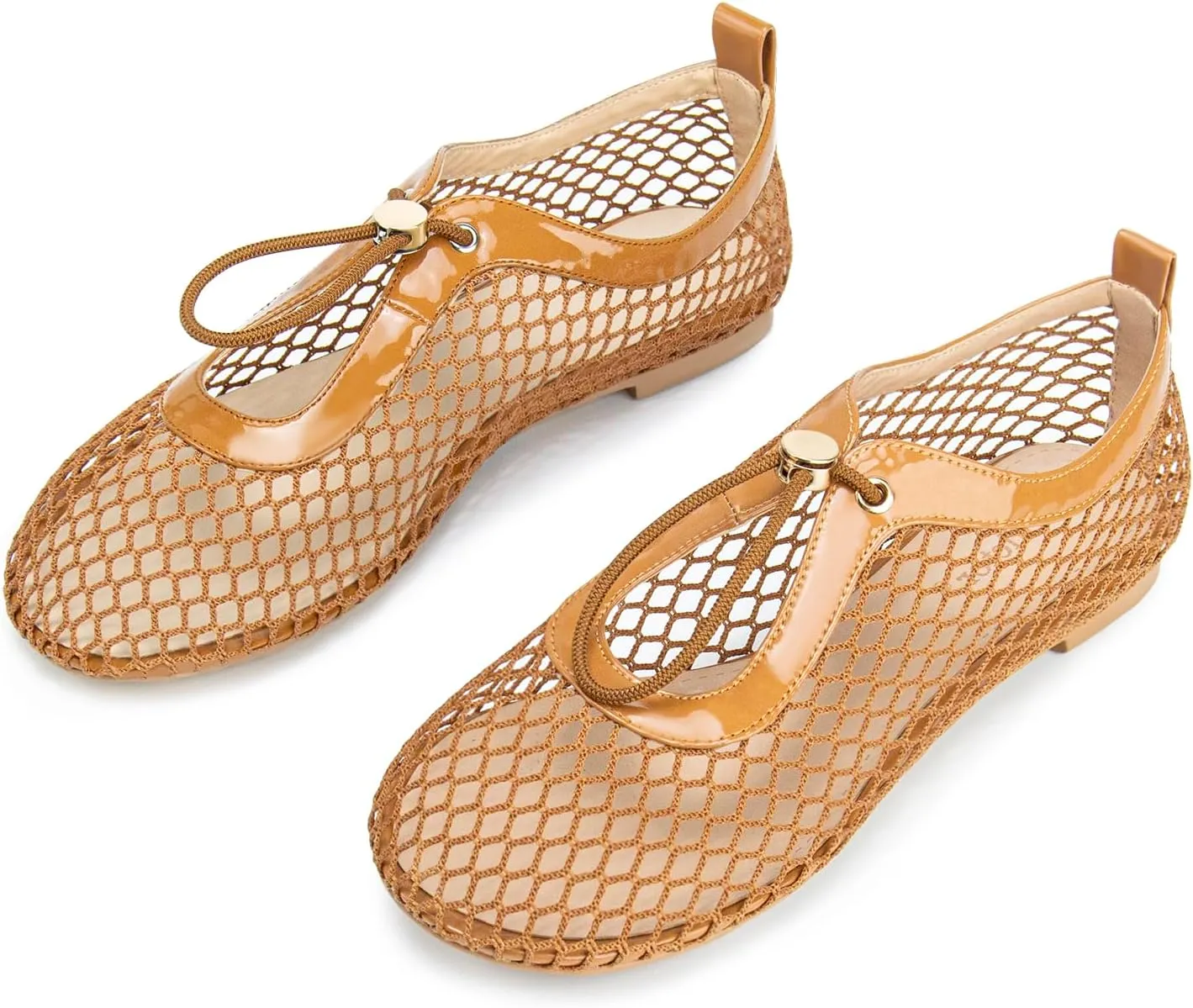 Mesh Ballet Flats for Women Round Toe Fishnet Mary Jane Flats Buckle Strap Casual Comfortable Office Ballerina Shoes
