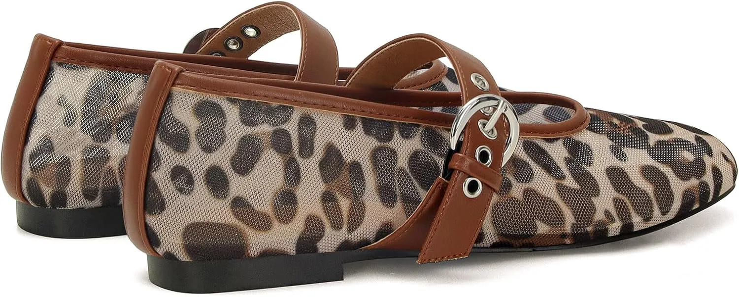 MICIFA Leopard Mesh Ballet Flats for Women Round Toe Mary Jane Buckle Flats Fall Comfortable Casual Dress Shoes